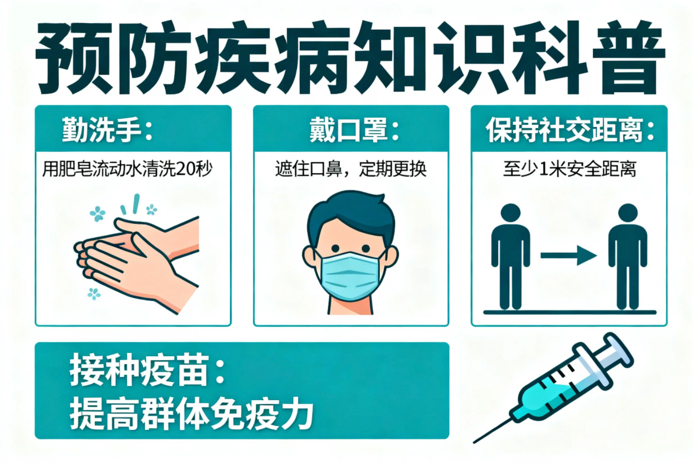 预防疾病知识科普：勤洗手、戴口罩、保持社交距离、接种疫苗